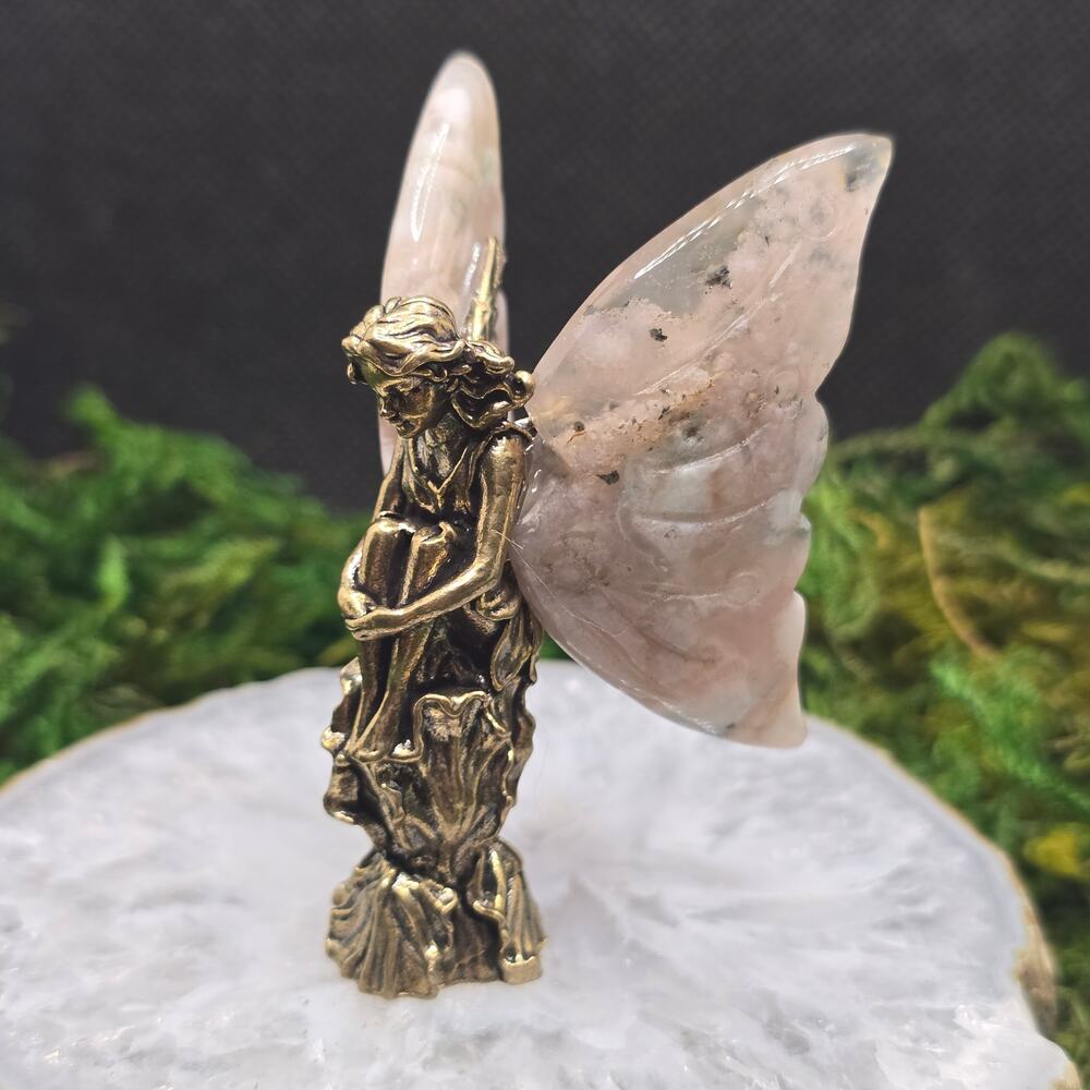Flower Agate Crystal Fairy 2.5" Brass Figurine Butterfly Wings Fantasy Decor